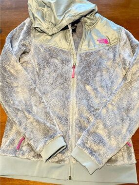 The North Face Light Gray Plush Hoodie Jacket with Pink Accents